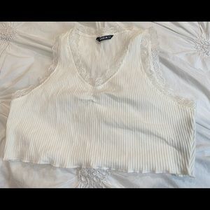 White lace rib-knit tank top